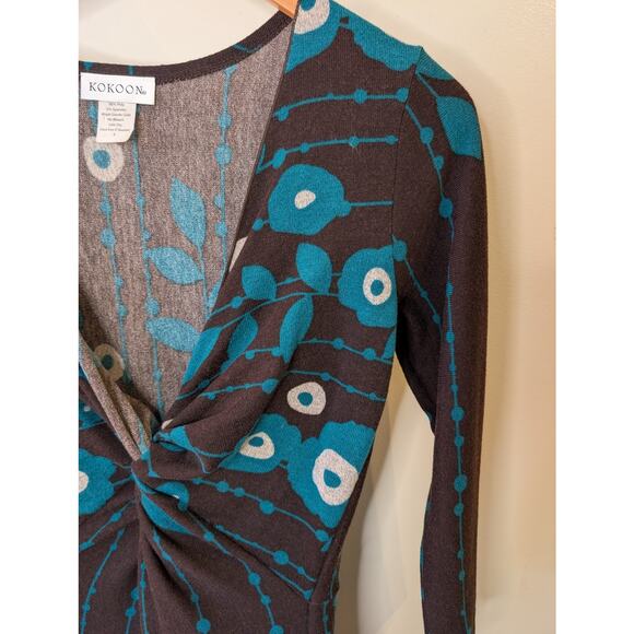 Kokoon Brown Turquoise Floral Print Twist Front Dress 3/4 Sleeve Small - Picture 2 of 6